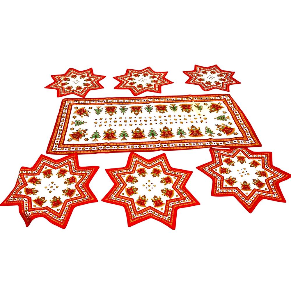 Vintage Kolf Austria Christmas Star Angels Napkins & Table Runner 7 Piece Set